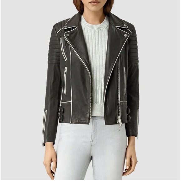 ALL SAINTS LEATHER MOTO BIXER PIPED BIKER JACKET 2 GRAY SOFT ZIPPERS‎ - Picture 1 of 16